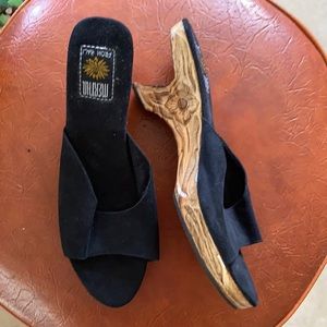 Slip on woodwork heeled shoes